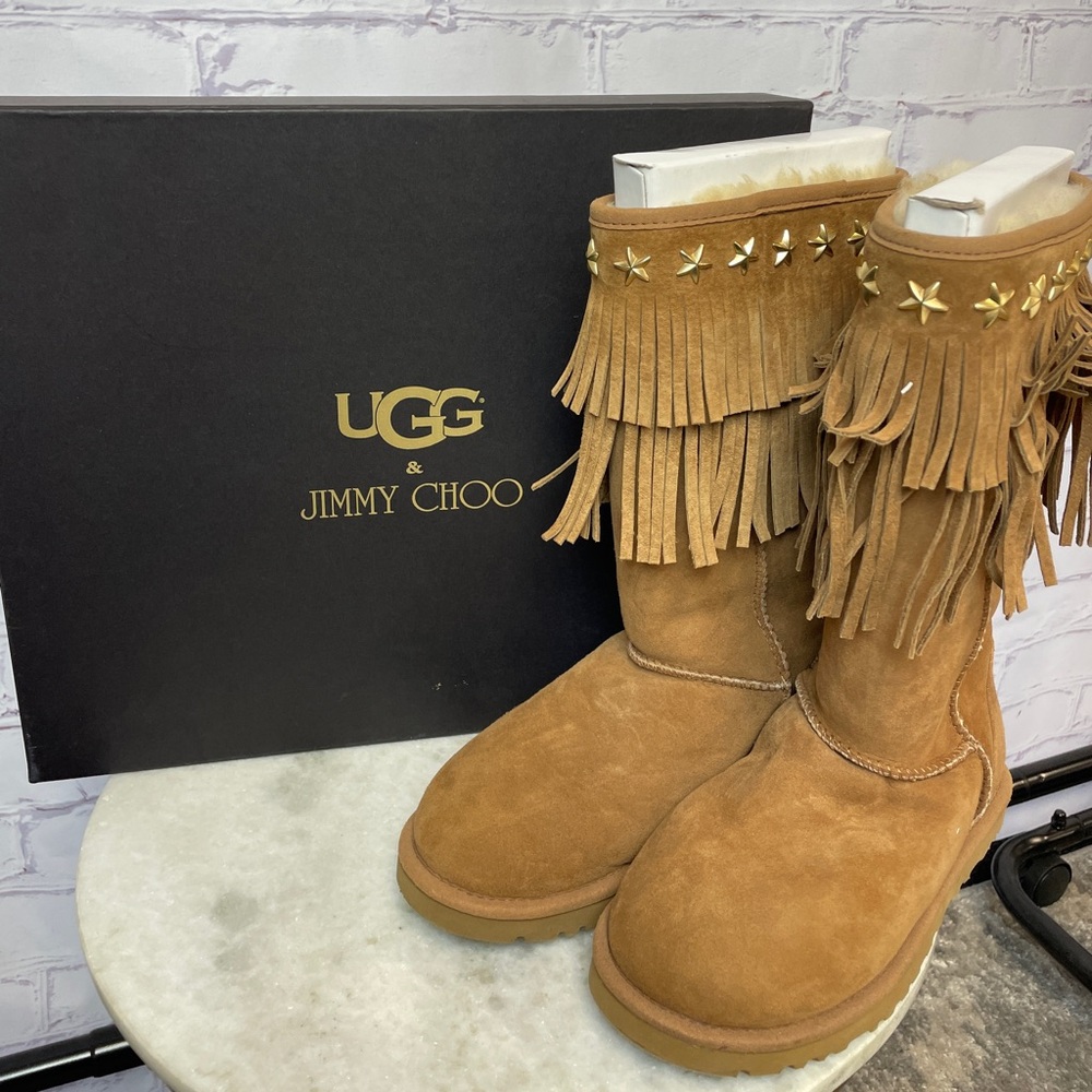 UGG x Jimmy Choo Tan Suede Fringe Studded Boots